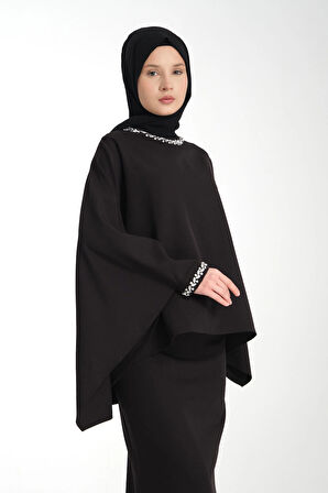 Taş İşlemeli Siyah Kadın Tesettür Elbise 2'li Abiye Takım