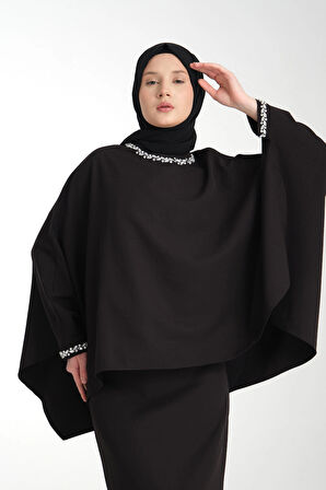 Taş İşlemeli Siyah Kadın Tesettür Elbise 2'li Abiye Takım