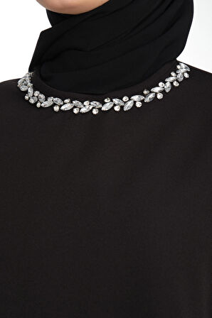 Taş İşlemeli Siyah Kadın Tesettür Elbise 2'li Abiye Takım