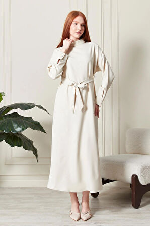 Kadın Dik Yaka Kuşak Detaylı Bej Dokuma Elbise