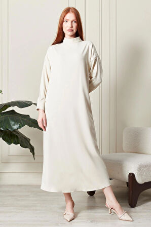 Kadın Dik Yaka Kuşak Detaylı Bej Dokuma Elbise