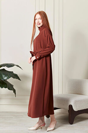 Kadın Dik Yaka Kuşak Detaylı Kahverengi Dokuma Elbise