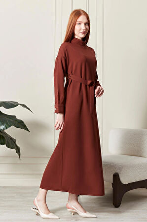 Kadın Dik Yaka Kuşak Detaylı Kahverengi Dokuma Elbise