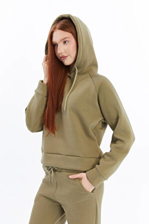 Kadın Üç Iplik Kapüşonlu Örme Haki Eşofman Takımı