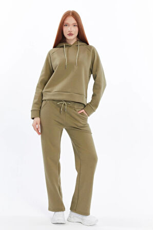 Kadın Üç Iplik Kapüşonlu Örme Haki Eşofman Takımı