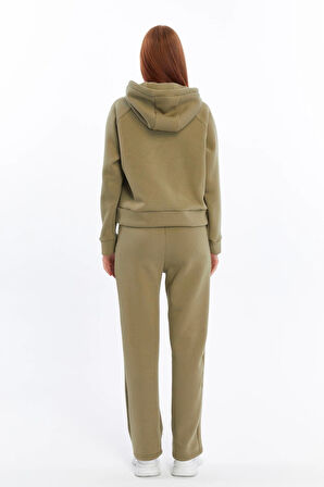 Kadın Üç Iplik Kapüşonlu Örme Haki Eşofman Takımı