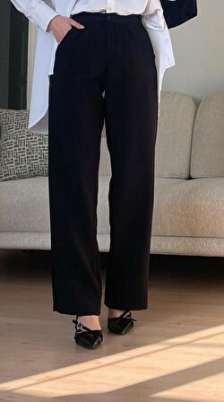 Kadın Pile Detaylı Yüksek Bel Siyah Kumaş Pantolon