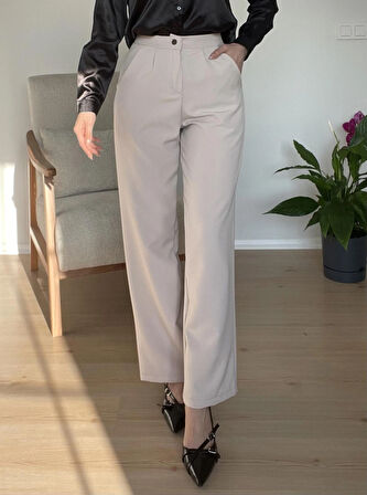 Kadın Pile Detaylı Yüksek Bel Bej Kumaş Pantolon