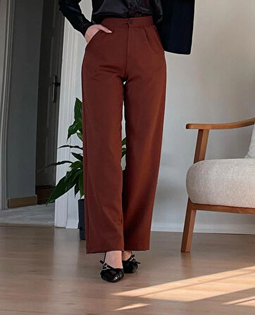 Kadın Pile Detaylı Yüksek Bel Kahverengi Kumaş Pantolon