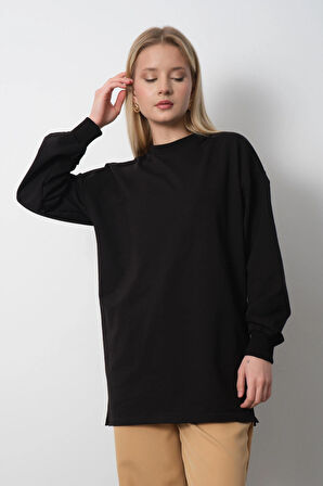 Kadın Siyah Bisiklet Yaka Yırtmaç Detaylı Balon Kol Sweatshirt