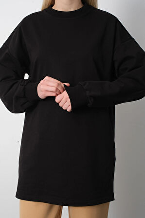 Kadın Siyah Bisiklet Yaka Yırtmaç Detaylı Balon Kol Sweatshirt
