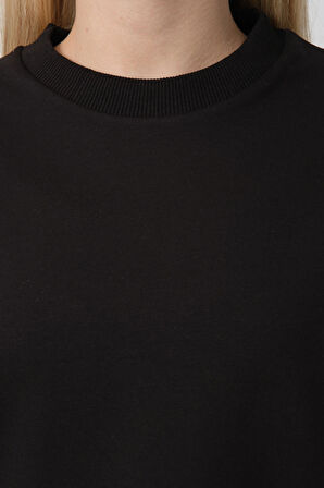 Kadın Siyah Bisiklet Yaka Yırtmaç Detaylı Balon Kol Sweatshirt