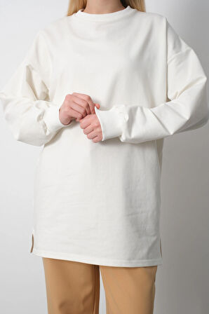 Kadın Ekru Bisiklet Yaka Yırtmaç Detaylı Balon Kol Sweatshirt