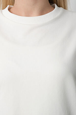 Kadın Ekru Bisiklet Yaka Yırtmaç Detaylı Balon Kol Sweatshirt
