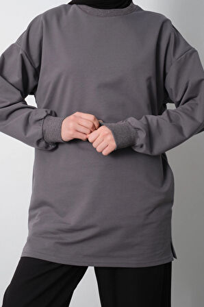 Kadın Antrasit Bisiklet Yaka Yırtmaç Detaylı Balon Kol Sweatshirt