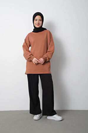 Kadın Taba Bisiklet Yaka Yırtmaç Detaylı Balon Kol Sweatshirt
