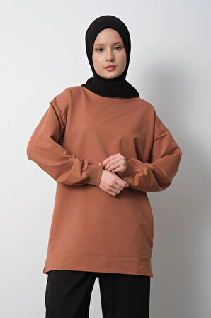 Kadın Taba Bisiklet Yaka Yırtmaç Detaylı Balon Kol Sweatshirt