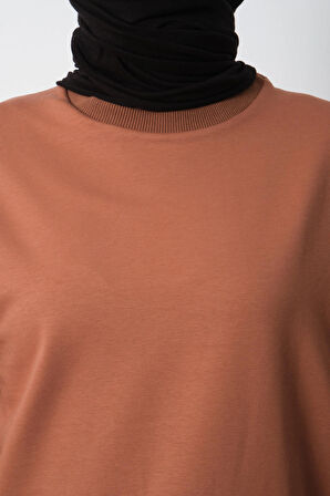 Kadın Taba Bisiklet Yaka Yırtmaç Detaylı Balon Kol Sweatshirt