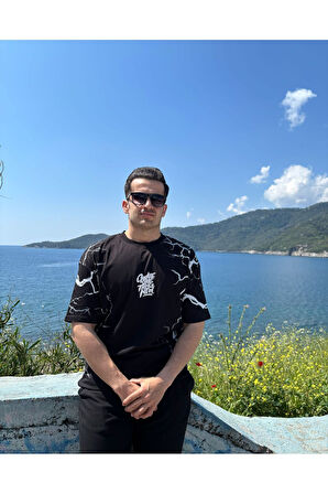 Erkek Bisiklet Yaka Oversize Baskılı T-shirt