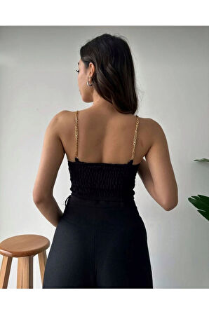 Kadın Gloplu Zincir Askılı Arkası Gipeli Crop Bluz