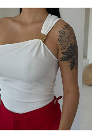 Tek Omuzlu Ottoman Kumaş Gold Metal Detaylı Bluz