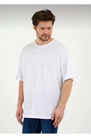 Erkek Oversize Pamuklu Bisiklet Yaka Kısa Kollu T-shirt