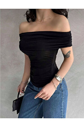 Kadın Madonna Yaka Yanları Büzgülü Bluz