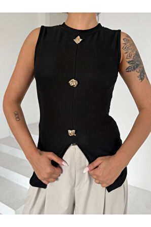 Gold Düğme Detaylı Ön Yırtmaçlı Kolsuz Bluz