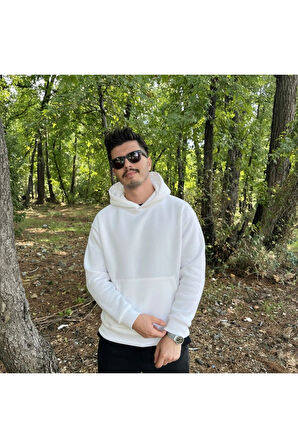 Erkek 3 İplik Basic Oversize Geniş Kesim Kanguru Cepli Kapüşonlu Sweatshirt