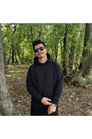 Erkek 3 İplik Basic Oversize Geniş Kesim Kanguru Cepli Kapüşonlu Sweatshirt