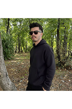 Erkek 3 İplik Basic Oversize Geniş Kesim Kanguru Cepli Kapüşonlu Sweatshirt