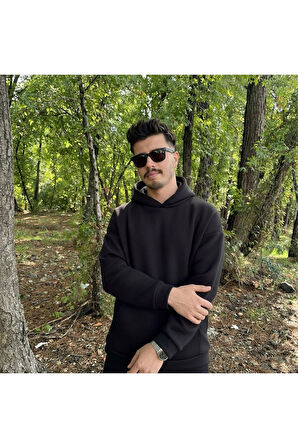 Erkek 3 İplik Basic Oversize Geniş Kesim Kanguru Cepli Kapüşonlu Sweatshirt