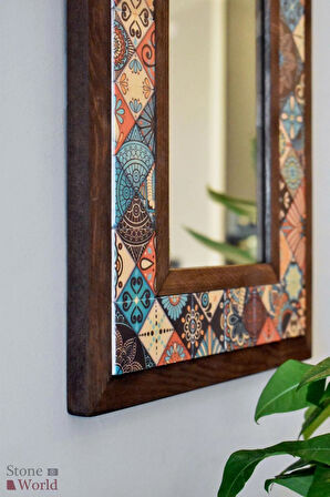 Mandala Temalı - Desenli Mermer Dekoratif Ayna - 34x44 cm - 015.1