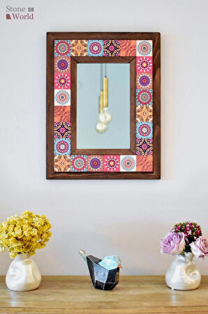 Mandala Temalı - Desenli Mermer Dekoratif Ayna - 34x44 cm - 019.1