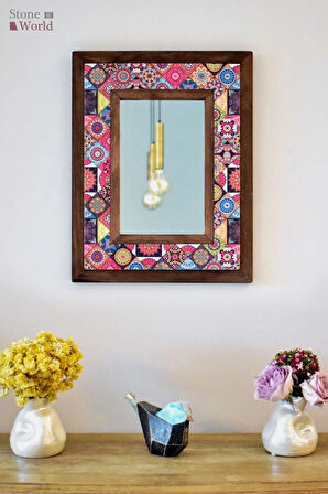 Mandala Temalı - Desenli Mermer Dekoratif Ayna - 34x44 cm - 021.1