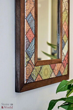 Patchwork Temalı - Desenli Mermer Dekoratif Ayna - 34x44 cm - 023.1