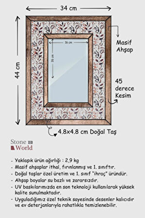 Çiçek Temalı - Desenli Mermer Dekoratif Ayna - 34x44 cm - 037.1