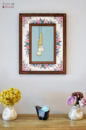 Çiçek Temalı - Desenli Mermer Dekoratif Ayna - 34x44 cm - 066.1