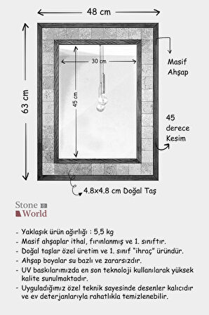 El Yapımı, Geometrik Temalı, Masif Ahşap Ve Desenli Mermerden Dekoratif Ayna - 48x63cm - 007.1