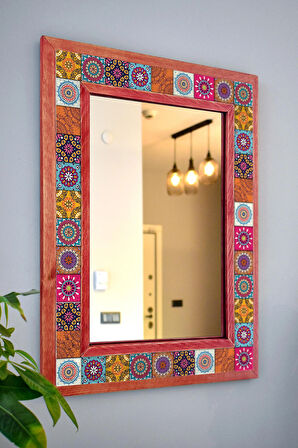 El Yapımı, Mandala Temalı, Masif Ahşap Ve Desenli Mermerden Dekoratif Ayna - 48x63cm - 019.1