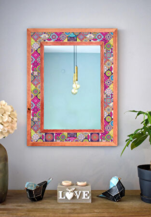 El Yapımı, Mandala Temalı, Masif Ahşap Ve Desenli Mermerden Dekoratif Ayna - 48x63cm - 021.1