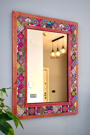El Yapımı, Mandala Temalı, Masif Ahşap Ve Desenli Mermerden Dekoratif Ayna - 48x63cm - 021.1