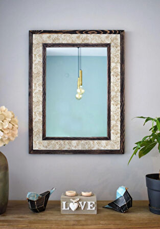 El Yapımı, Vintage Temalı, Masif Ahşap Ve Desenli Mermerden Dekoratif Ayna - 48x63cm - 034.1