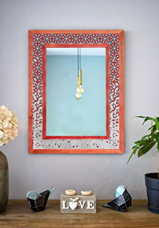 El Yapımı, Geometrik Temalı, Masif Ahşap Ve Desenli Mermerden Dekoratif Ayna - 48x63cm - 042.2
