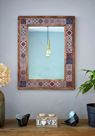 El Yapımı, Patchwork Temalı, Masif Ahşap Ve Desenli Mermerden Dekoratif Ayna - 48x63cm - 068.1