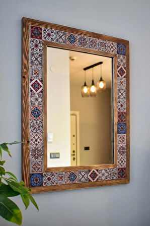 El Yapımı, Patchwork Temalı, Masif Ahşap Ve Desenli Mermerden Dekoratif Ayna - 48x63cm - 068.1