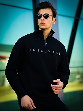 Miron Originals Nakış Detaylı Fermuarlı Oversize Sweatshirt-Siyah