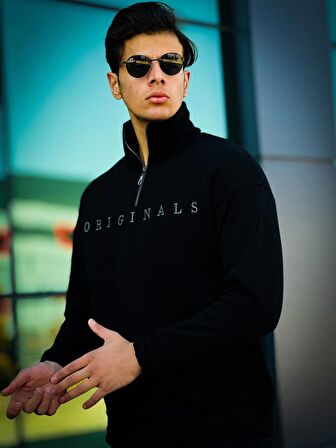 Miron Originals Nakış Detaylı Fermuarlı Oversize Sweatshirt-Siyah