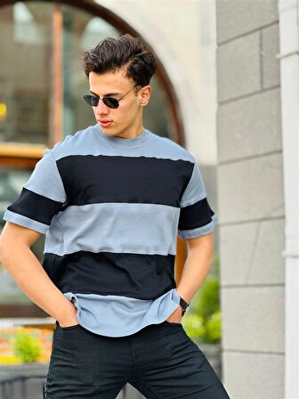 Miron İki Renk Kısa Kollu Tişört Oversize-Siyah-Füme