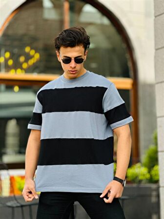 Miron İki Renk Kısa Kollu Tişört Oversize-Siyah-Füme